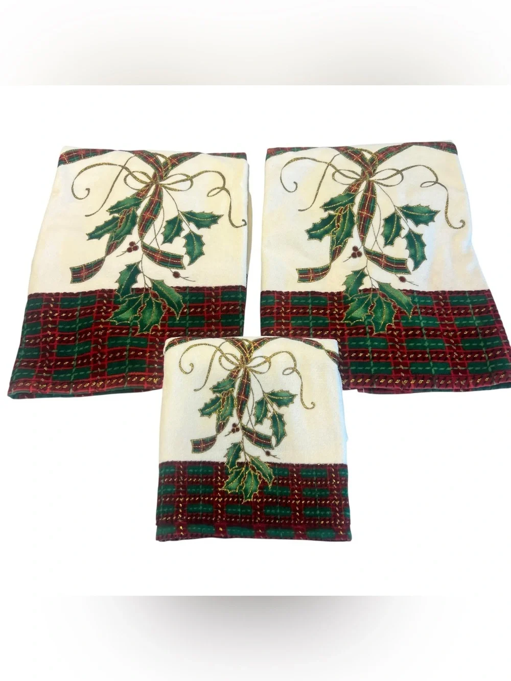 Lenox Holiday Nouveau Towel Set 3 Pc Bath & Fingertip Towels Holly Tartan Plaid